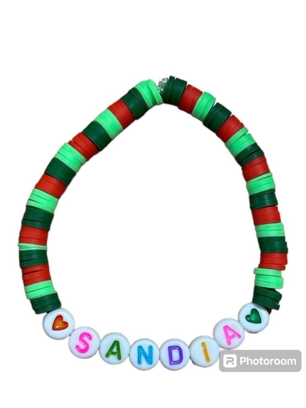 Handmade Beaded Bracelet Red & Green Disc Beads with Letter Charms “Sandia”